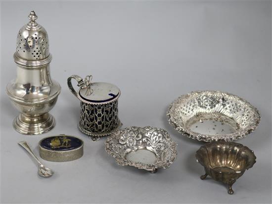 A group of silver including a sugar castor, a mustard pot, a salt and 2 bon-bon dishes, 10.8oz. weighable